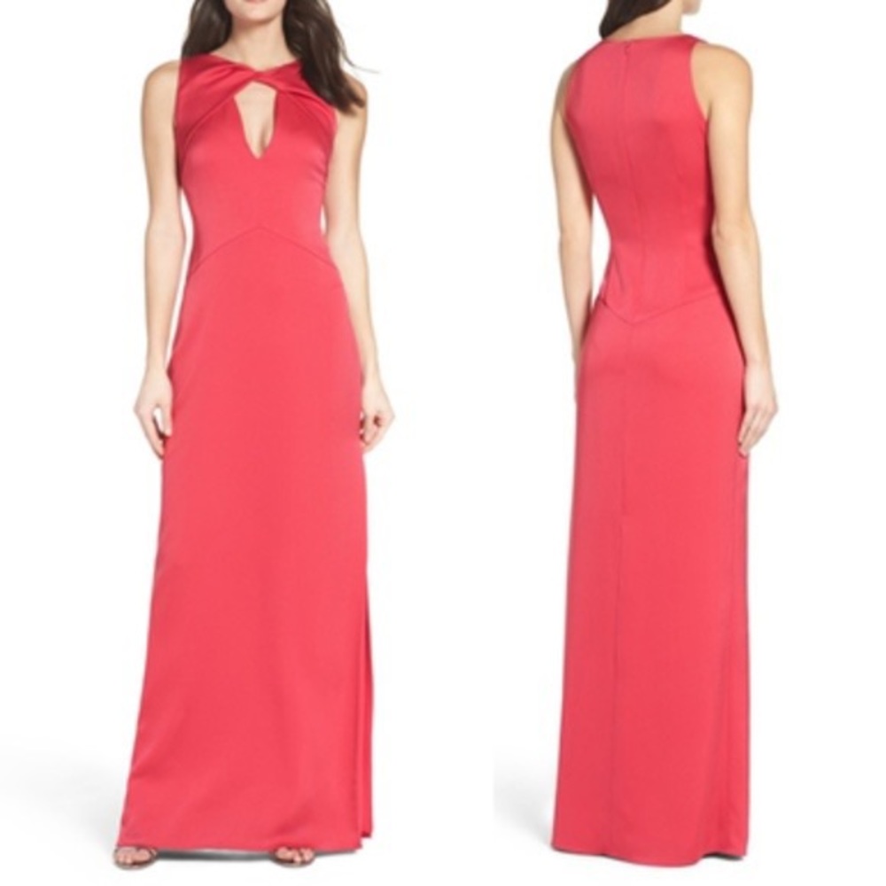 ANTHROPOLOGIE SHOSHANNA Raspberry Satin Column Twist Neck Detail Cocktail Dress